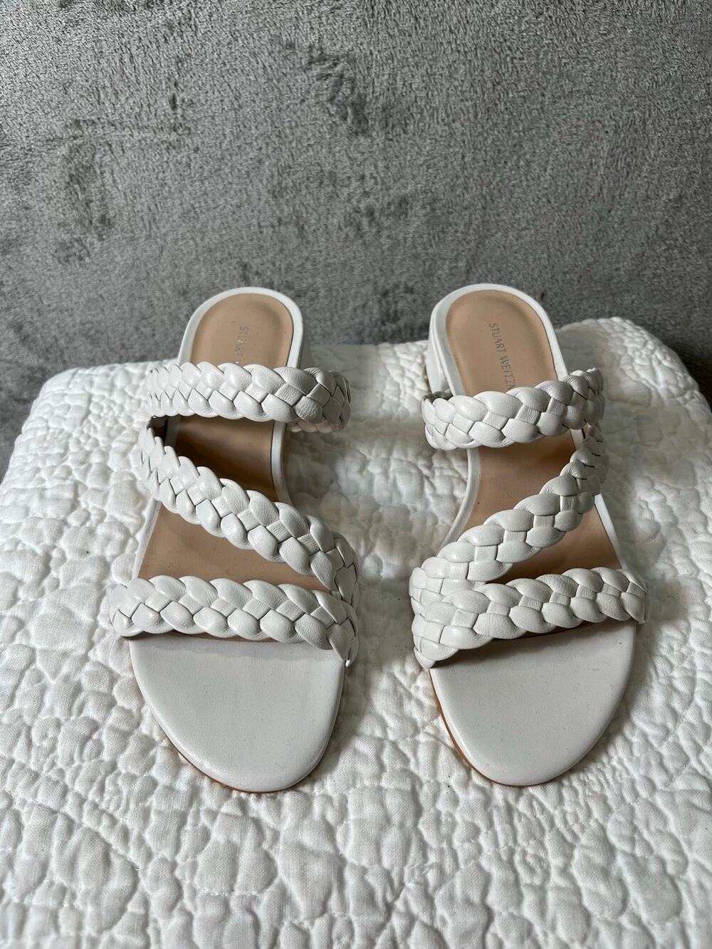 Stuart Weitzman Tuscan 35 Block Slide Heels White Braided Leather Minimalist 6